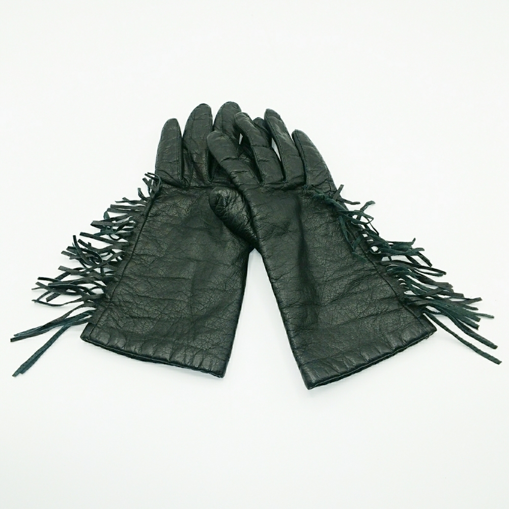 Vintage Fringe Black Leather Gloves